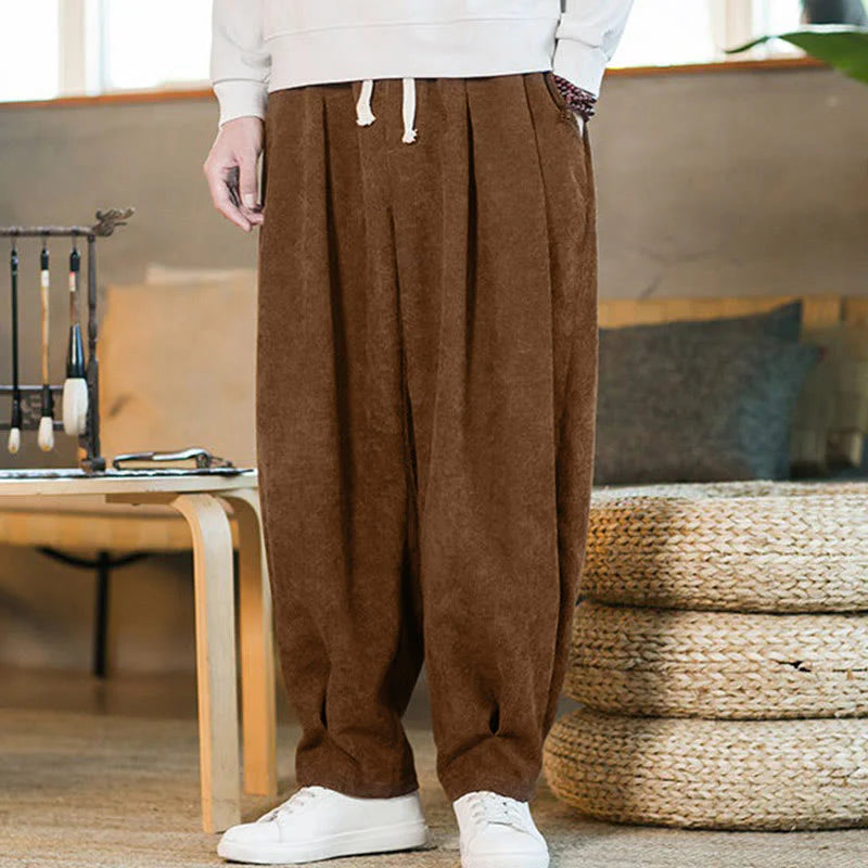 Buddha Stones Retro Men's Plain Fleece-Lined Corduroy Simple Design Harem Pants With Pockets