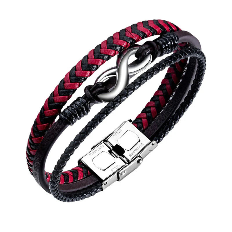 Buddha Stones Infinitely Design Titanium Steel Braided Three-layer Leather Balance Bracelet