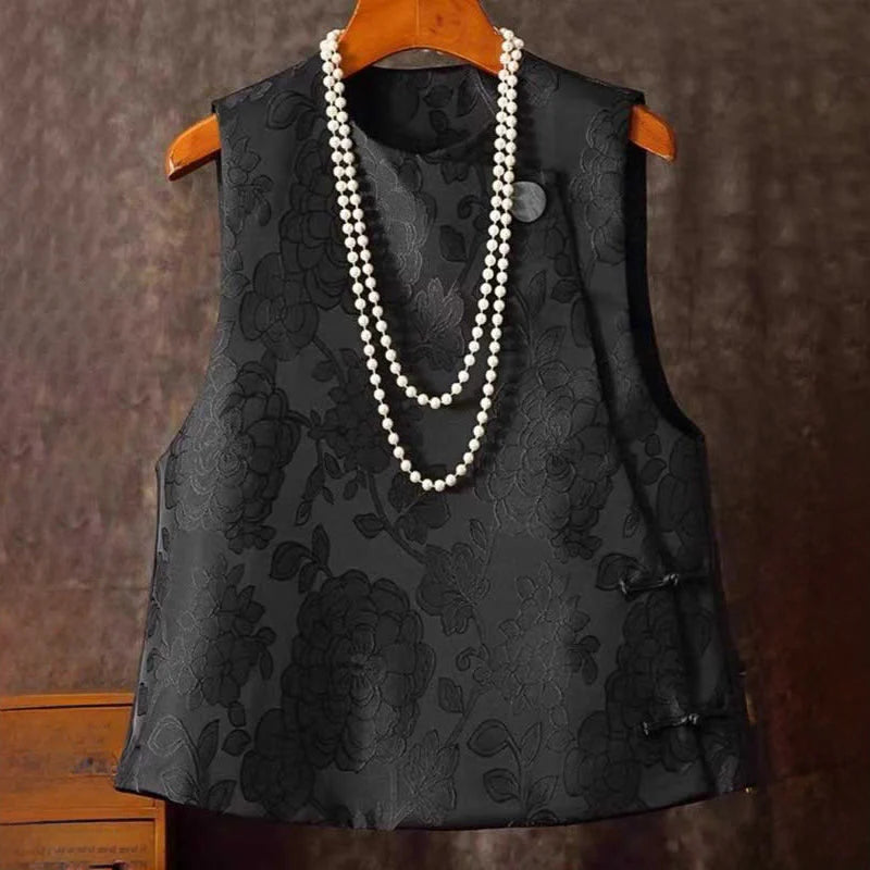 Buddha Stones Black Peony Flowers Frog-Button Pattern Cotton Women's Sleeveless Vest Waistcoat