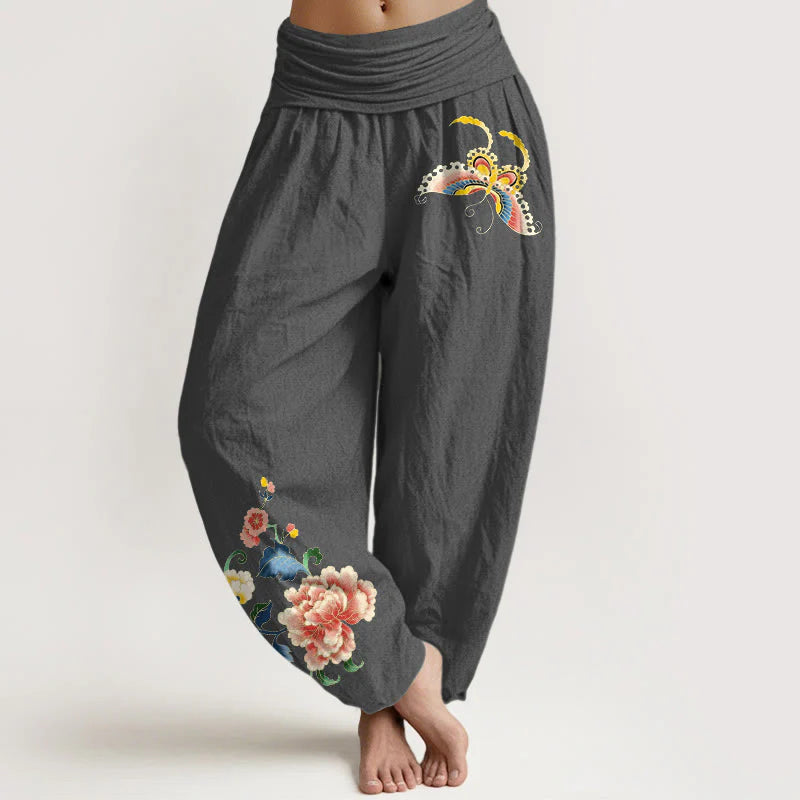 Buddha Stones Cotton Auspicious Peony Flower Butterfly Pattern Women's Elastic Waist Harem Pants