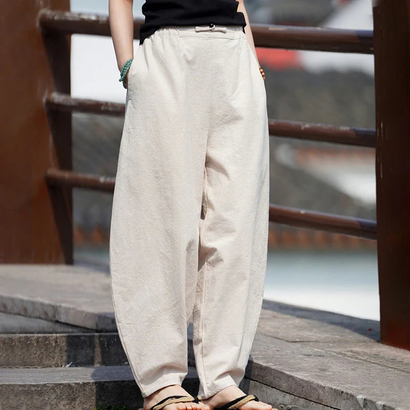 Buddha Stones Summer Plain One Chinese Frog-Button Straight Leg Design Men's Cotton Linen Pants With Pockets