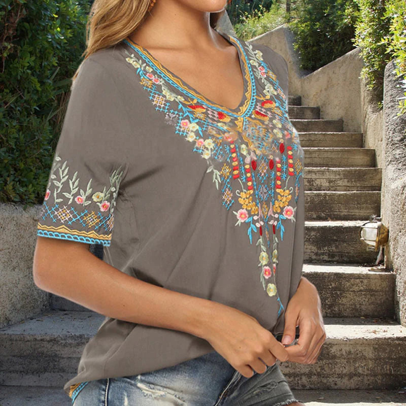 Buddha Stones Embroidery Flower Design Short Sleeve V-neck Cotton Women's T-Shirt