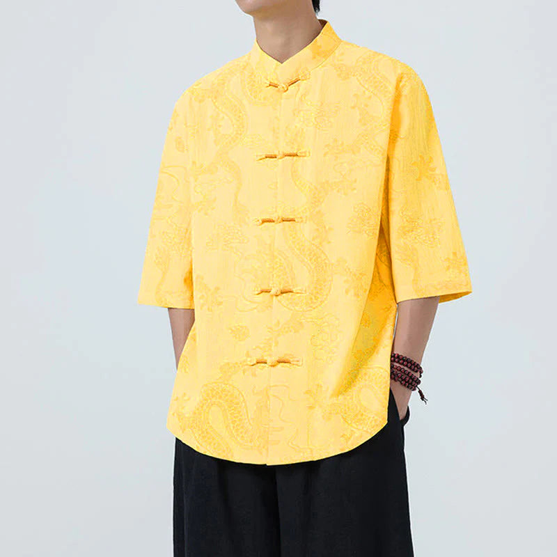 Buddha Stones Summer Dragon Auspicious Clouds Pattern Tang Suit Men's Frog-Button Half Sleeve Cotton Shirt