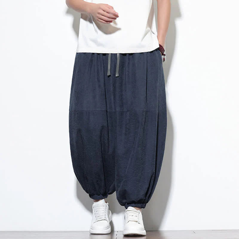 Buddha Stones Spring Solid Color Drawstring Cropped Men's Harem Cotton Pants With Pockets