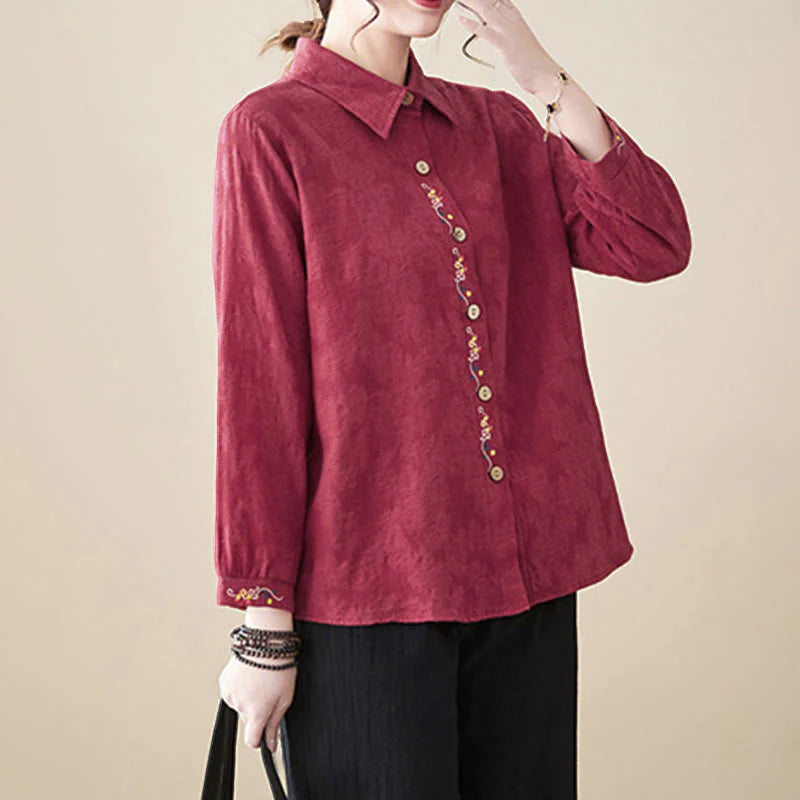 Buddha Stones Spring Plain Embroidered Flower Pattern Button Women's Long Sleeve Cotton Lapel Shirt