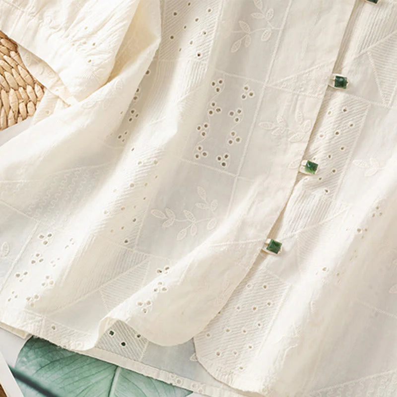 Buddha Stones Casual Embroidery Hollow Cotton Polyester Half Sleeve Women's Crew Neck Shirt
