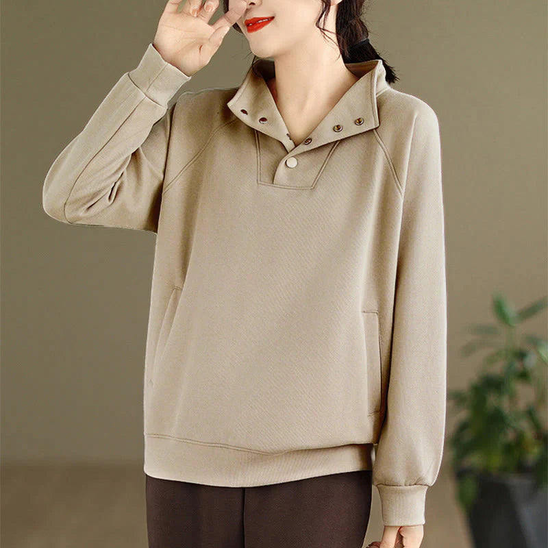 Buddha Stones Fall Solid Stand Collar Buttons Design Long Sleeve Women's Cotton Sweatshirt