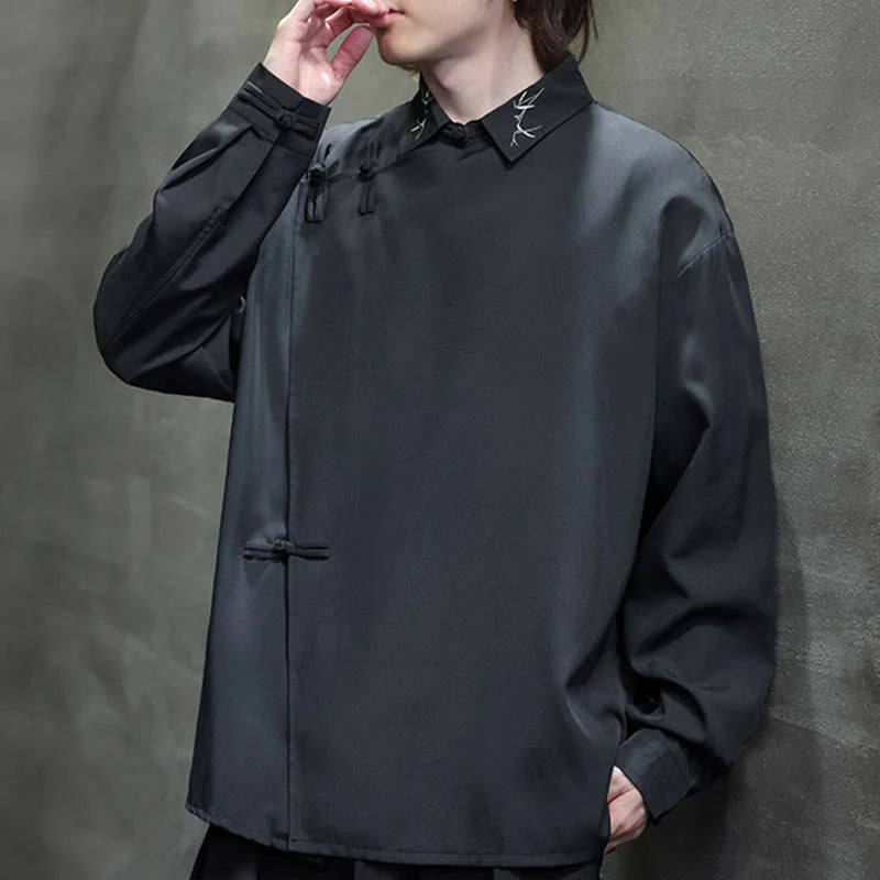 Buddha Stones Vintage Pure Color Chinese Frog-Button Design Embroidery Lapel Men's Long Sleeve Shirt