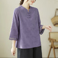 Buddha Stones Jacquard Frog-button Stand Collar Embroidered Three Quarter Sleeve Design Women's Cotton Shirt