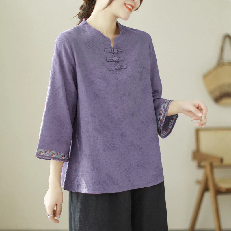 Buddha Stones Jacquard Frog-button Stand Collar Embroidered Three Quarter Sleeve Design Women's Cotton Shirt