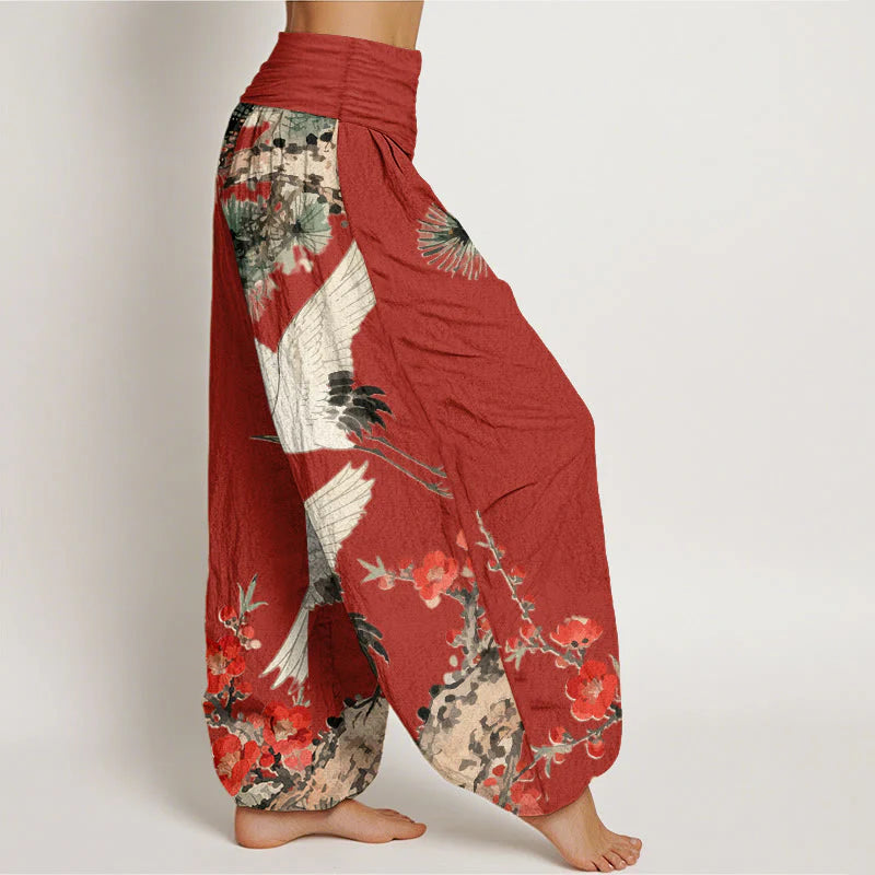 Buddha Stones Print Cranes Plum Blossoms Pattern Women's Elastic Waist Harem Cotton Pants