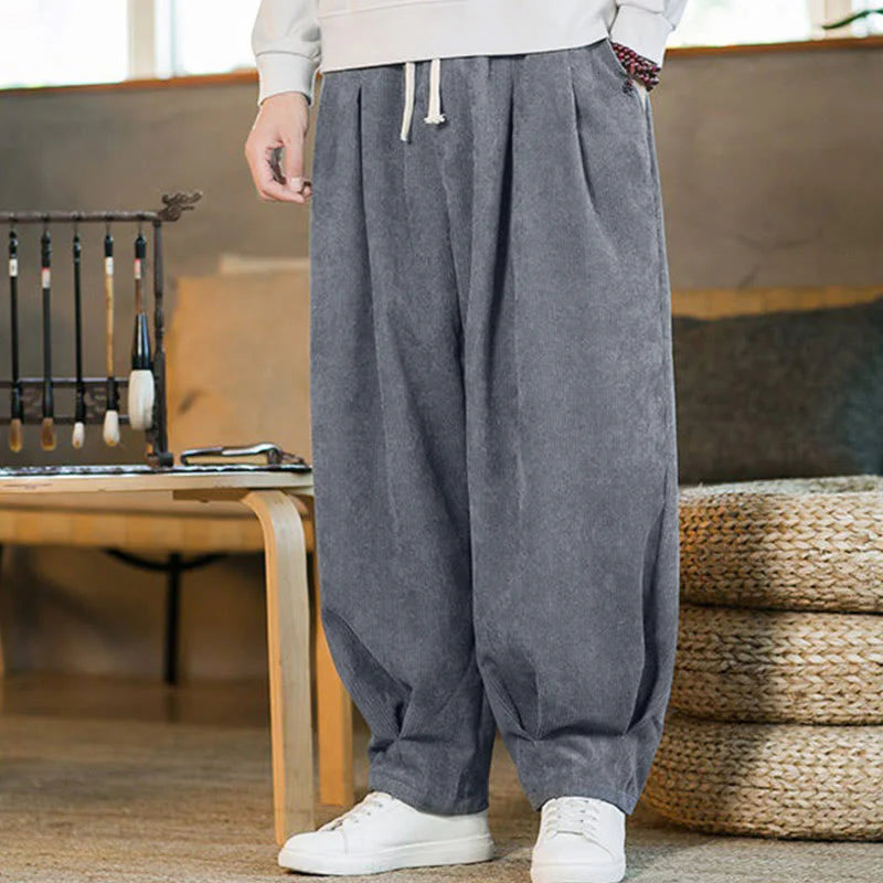 Buddha Stones Retro Men's Plain Fleece-Lined Corduroy Simple Design Harem Pants With Pockets