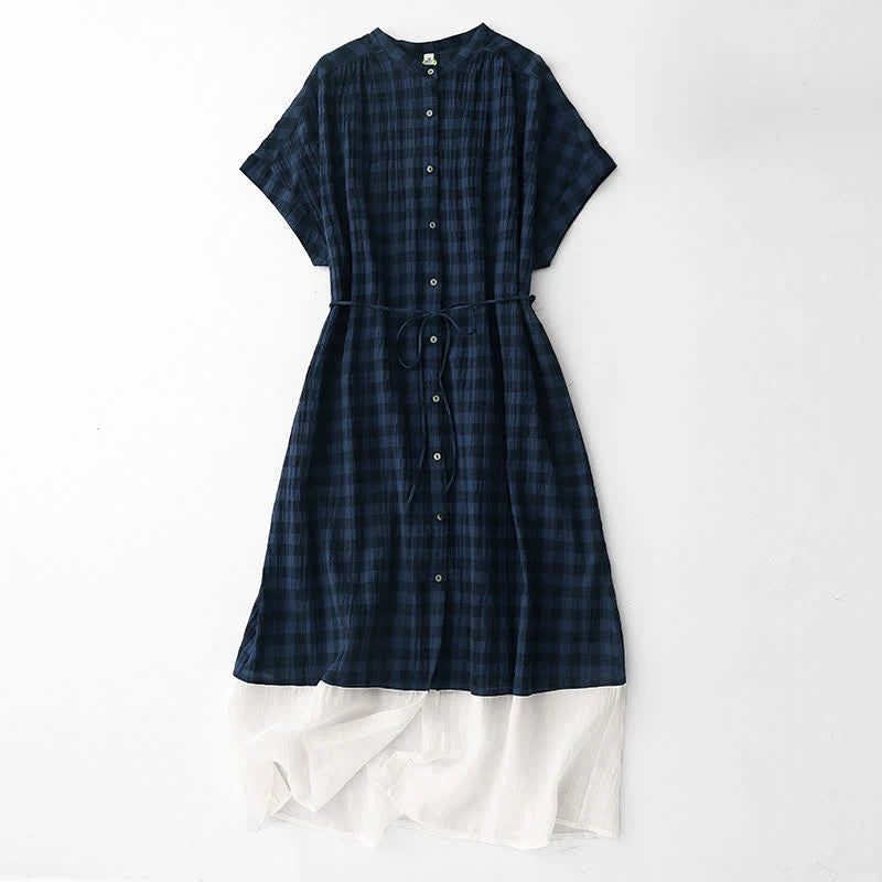 Buddha Stones Spring Gingham Knee Length Women's Short Sleeve Dress With Tie Waist Chiffon Hem