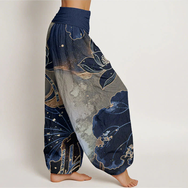 Buddha Stones Cotton Casual Lotus Petal Pattern Women's Elastic Waist Harem Pants
