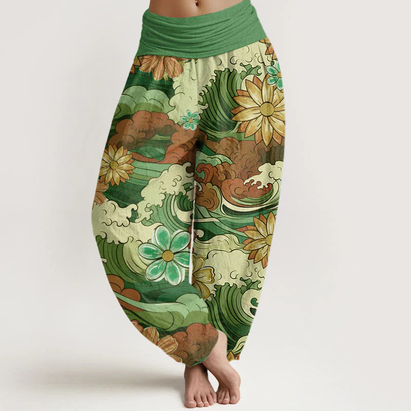 Buddha Stones Cotton Colorful Ocean Wave Various Flower Pattern Women's Elastic Waist Harem Pants