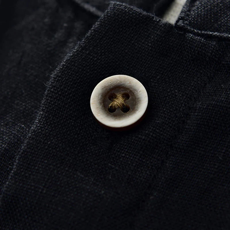 Buddha Stones Fall Solid Color Buttons Down Stand Collar Three Quarter Sleeve Linen Men's Shirt With Pockets