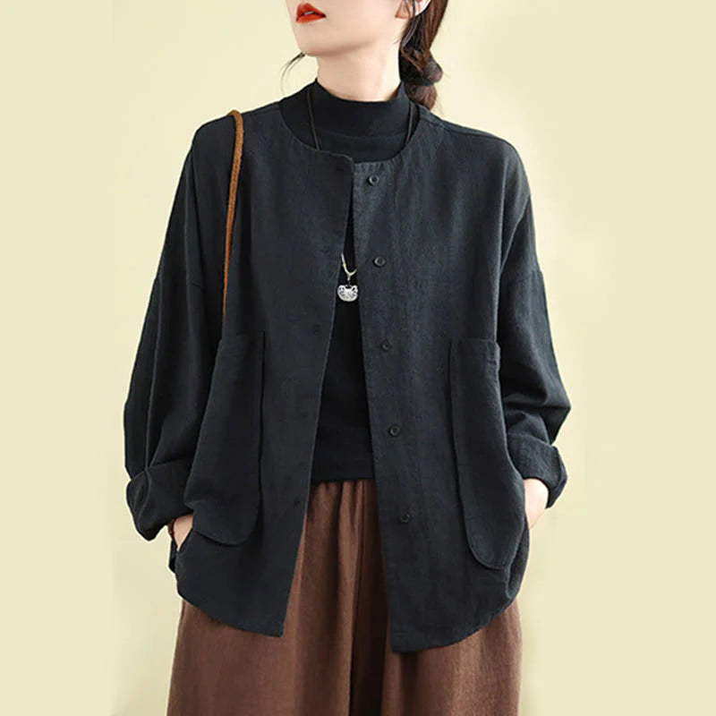 Buddha Stones Plain Design Long Sleeve Women's Cotton Linen Jacket With Pockets