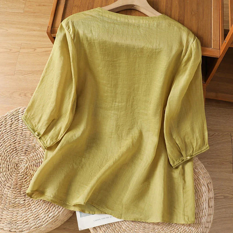 Buddha Stones Casual Embroidery Frog-Button Polyester Half Sleeve Women's V-neck Shirt