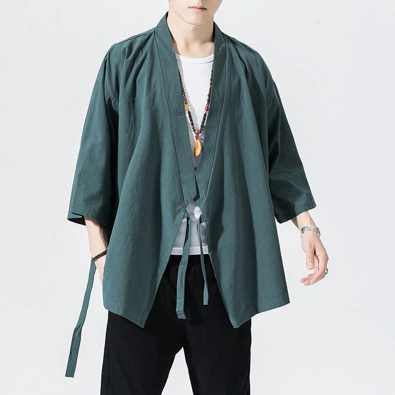 Buddha Stones Tang Suit Open Front Jacket Cotton Linen Men's Three Quarter Sleeve Kimono