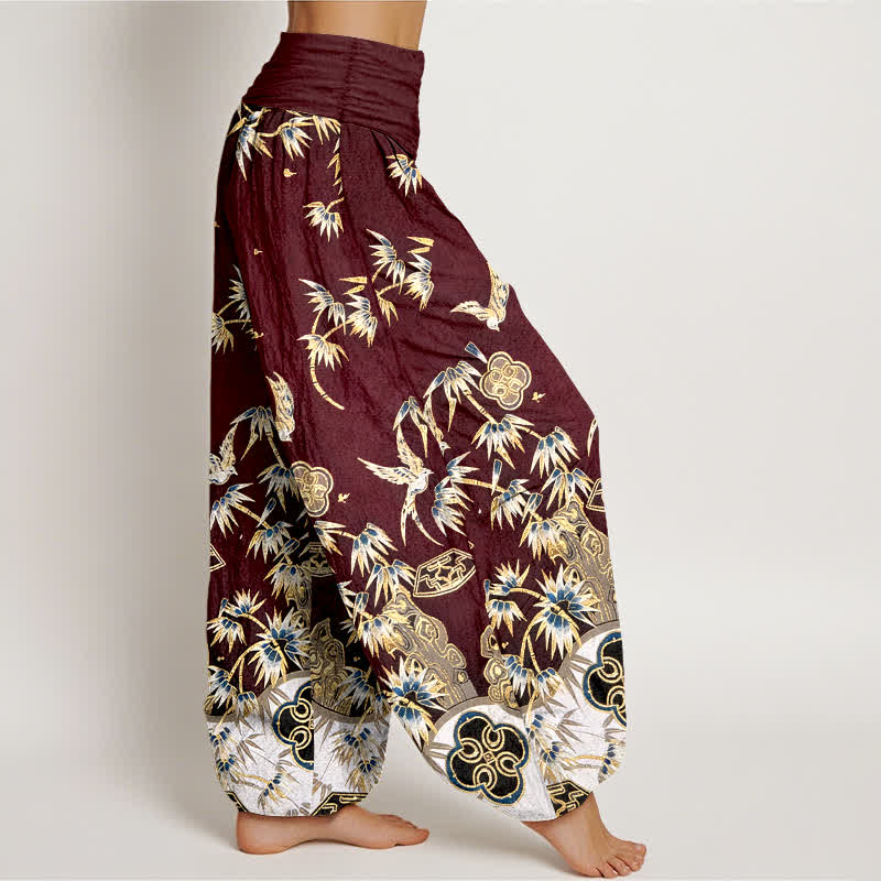 Buddha Stones Bird Bamboo Pattern Cotton Women's Harem High Elastic Waist Pants