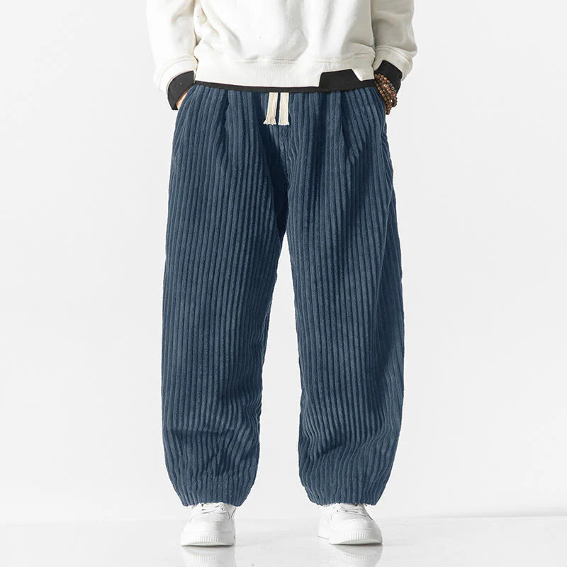 Buddha Stones Retro Winter Solid Color Men's Drawstring Corduroy Harem Pants With Pockets