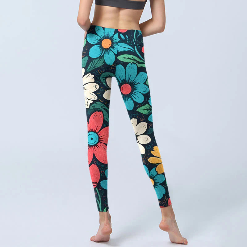 Buddha Stones Colorful Flower Pattern Print Gym Leggings Women's Yoga Pants