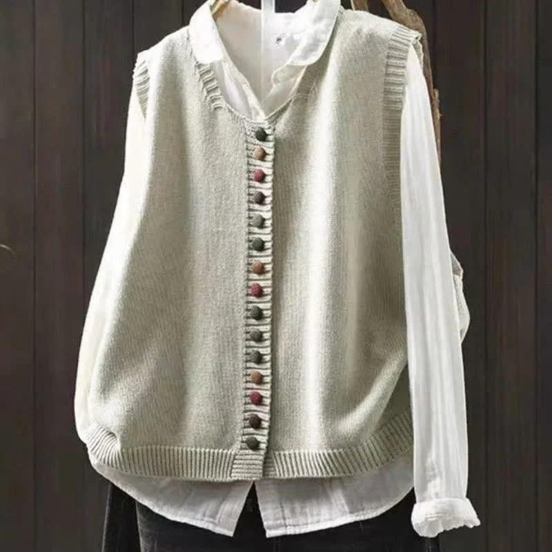 Buddha Stones Colorful Buttons Women's Sleeveless Cotton Knitted Vest Waistcoat