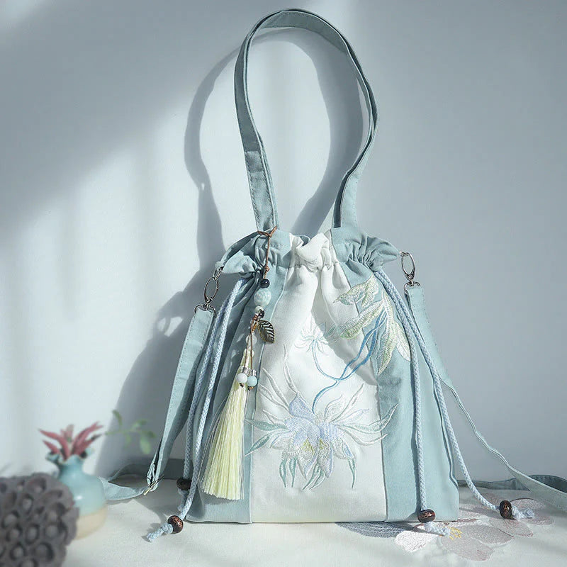 Buddha Stones Embroidered Green Pear Blue Epiphyllum Canvas Tote Crossbody Bag Shoulder Bag Handbag