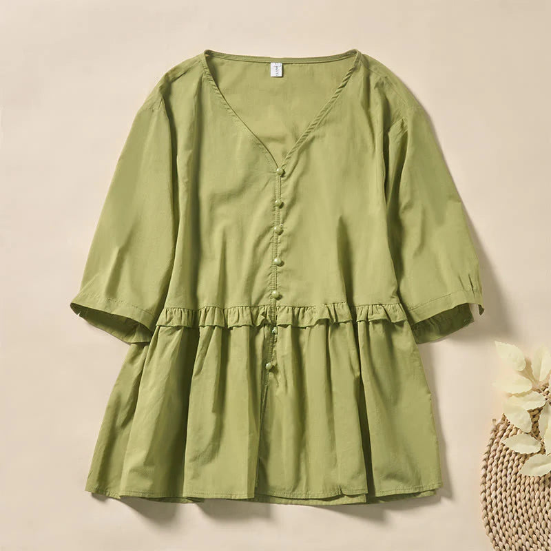 Buddha Stones Summer Solid Color V-Neck Decorative Buttons Design Women's Short Sleeve Shirt