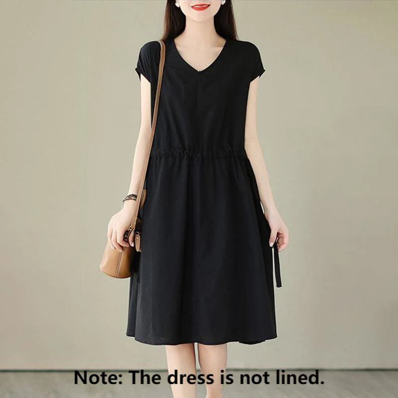 Buddha Stones Pure Color Lace-Up Short Sleeve Cotton Linen Midi Dress With Pockets