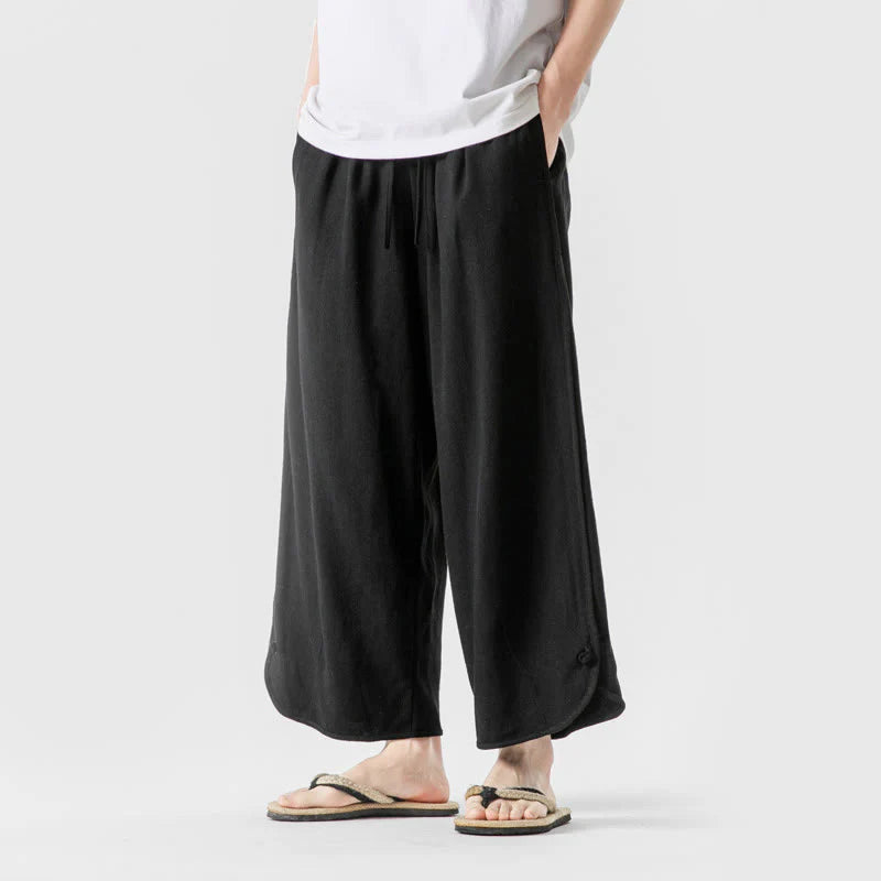 Buddha Stones Summer Plain Drawstring Design Linen Cotton Men's 7-8 Length Pants With Pockets
