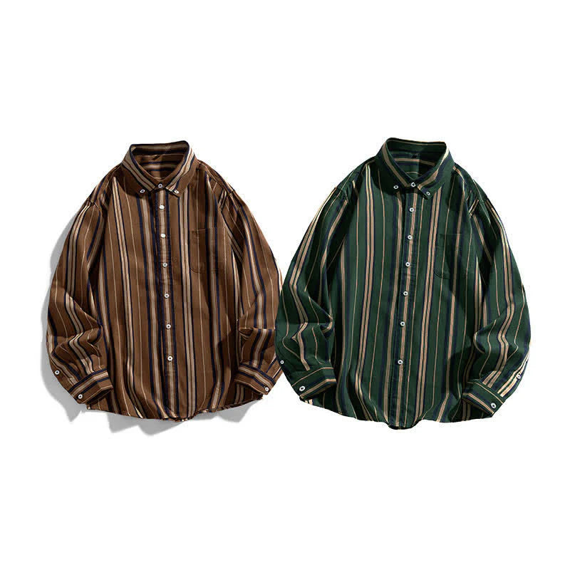 Buddha Stones Retro Color Blocked Stripes Long Sleeve Button Men's Cotton Shirts With Pocket