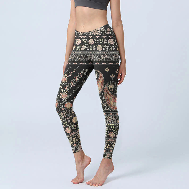 Buddha Stones Retro Repetitive Flower Leaf Vine Pattern Print Gym Leggings Women's Yoga Pants