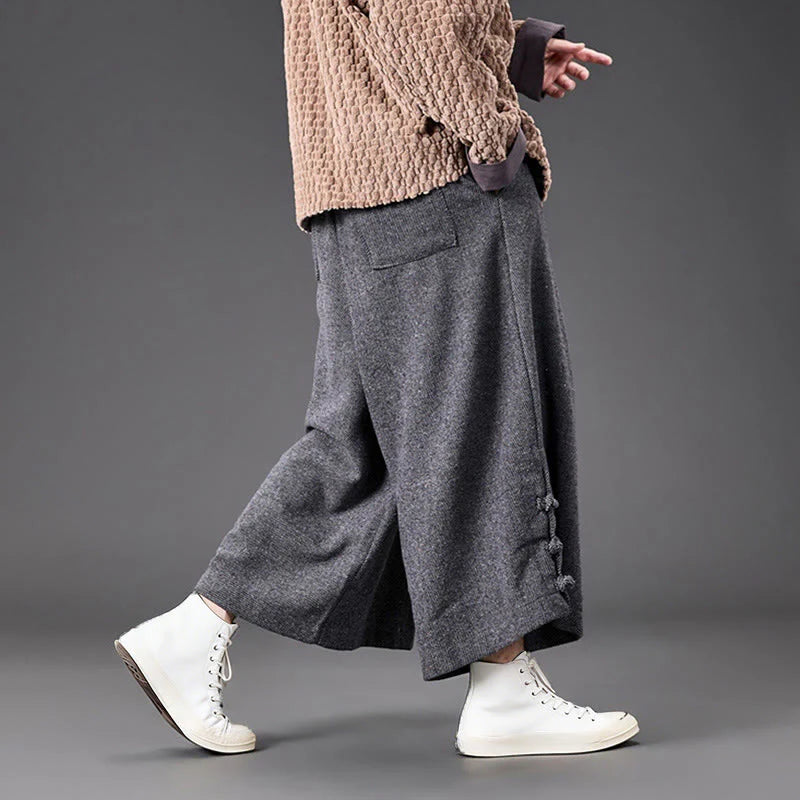 Buddha Stones Winter Chinese Frog-Button Design Corduroy Thermal Men's Wide Leg Pants With Pockets