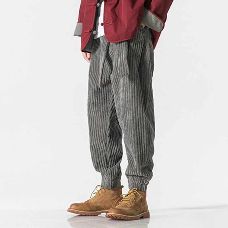 Buddha Stones Winter Solid Color Men's Ankle-Length Corduroy Pants With Pockets