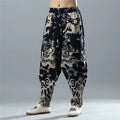 Buddha Stones Chinese Dragon Printed Elastic Waist Ethnic Cotton Linen Men's Pants With Pockets