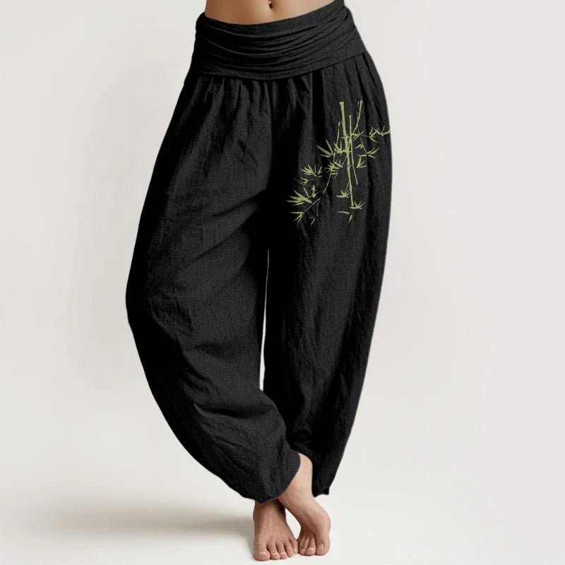 Buddha Stones Bamboo Stems Leaves Pattern Women's Elastic Waist Harem Cotton Pants