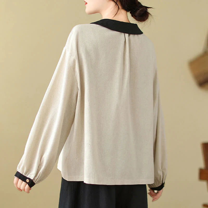 Buddha Stones Spring Embroidery Buttons Design Women's Cotton Peter Pan Collar Long Sleeve Shirt