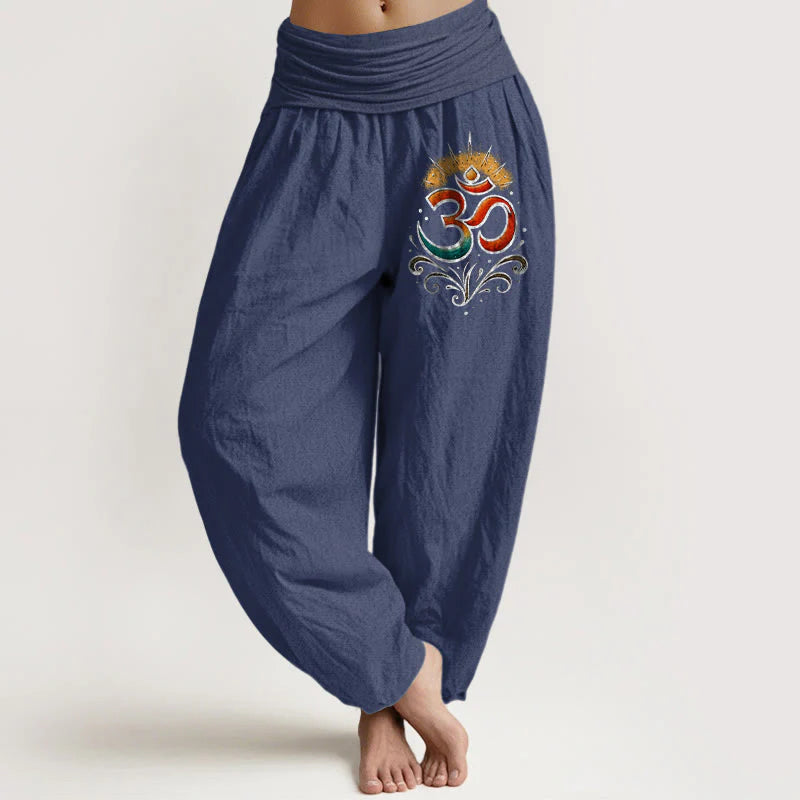 Buddha Stones Om Symbol Light Pattern Women's Elastic Waist Harem Cotton Pants