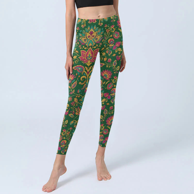 Buddha Stones Brightly Colored Flower Leaf Pattern Gym Leggings Women's Yoga Pants