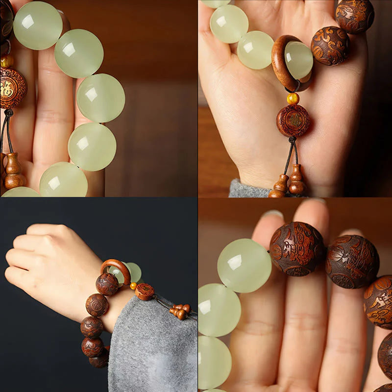 Buddha Stones Sappan Wood Engraving Pixiu Fu Character Cure Bracelet