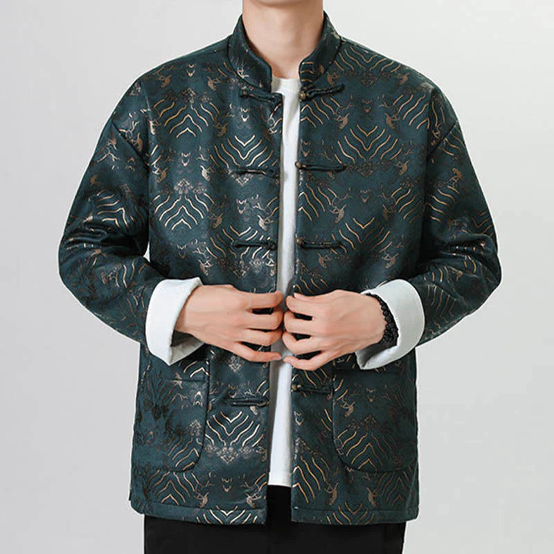 Buddha Stones Frog-Button Chinese Tang Suit Wave Shape Long Shirt Men Jacket Clothing (Extra 30% Off | USE CODE: FS30)