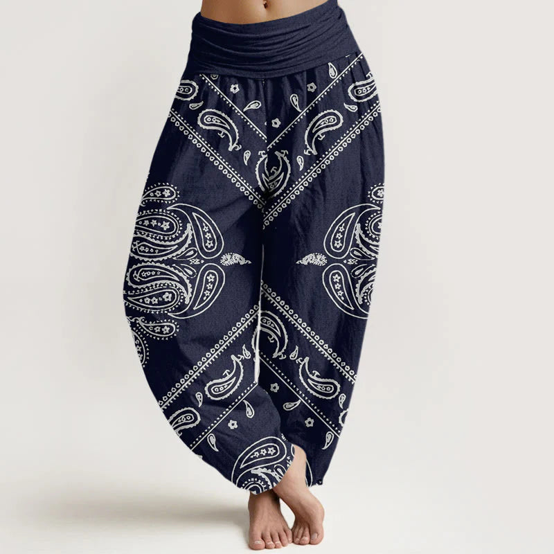 Buddha Stones Cotton Casual Floral Leaf Paisley Pattern Women's Elastic Waist Harem Pants