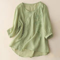 Buddha Stones Casual Loose Flower Embroidery Frog Button Short Sleeve Women's Shirt