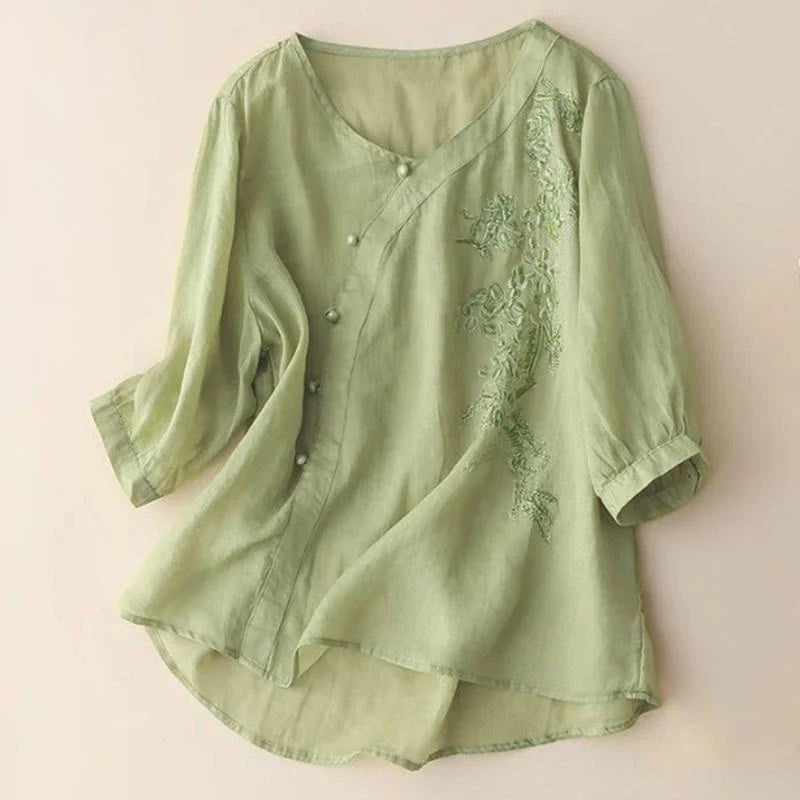 Buddha Stones Casual Loose Flower Embroidery Frog Button Short Sleeve Women's Shirt