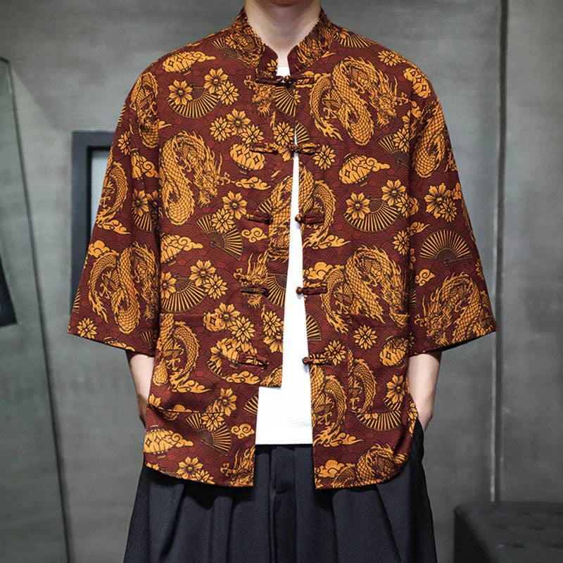 Buddha Stones Spring Frog-Button Dragon Mountain Flower Three Quarter Sleeve Tang Suit Men's Shirt With Pockets