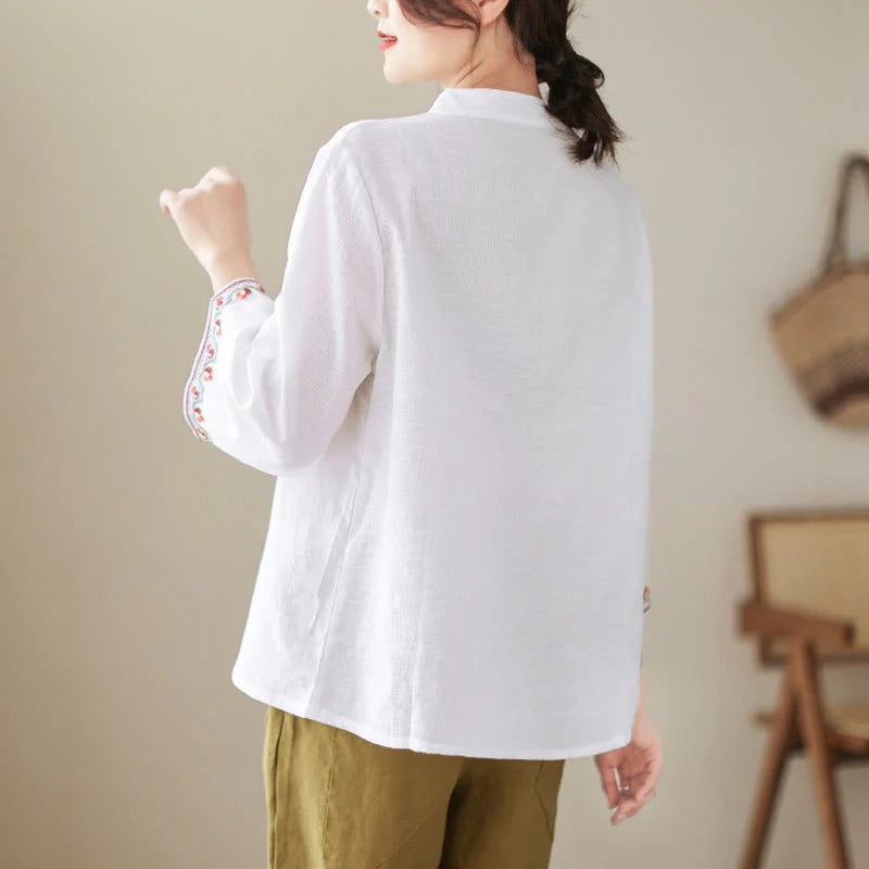 Buddha Stones Jacquard Frog-button Stand Collar Embroidered Three Quarter Sleeve Design Women's Cotton Shirt
