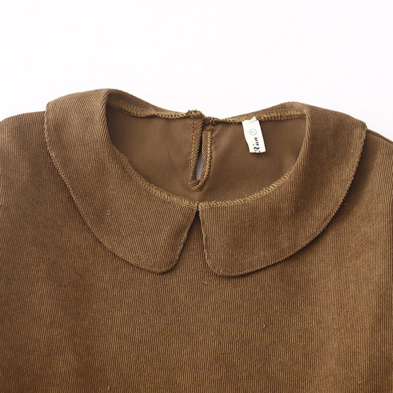 Buddha Stones Button Design Corduroy Peter Pan Collar Long Sleeve Midi Dress With Pockets
