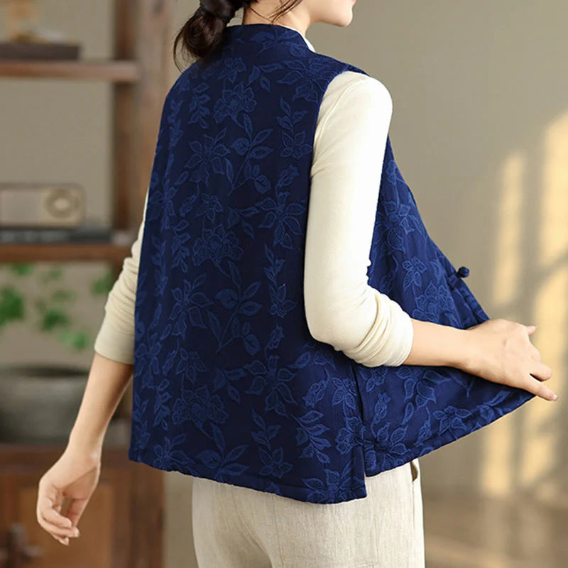 Buddha Stones Jacquard Pattern Frog-button Women's Sleeveless Cotton Vest Waistcoat With Pockets