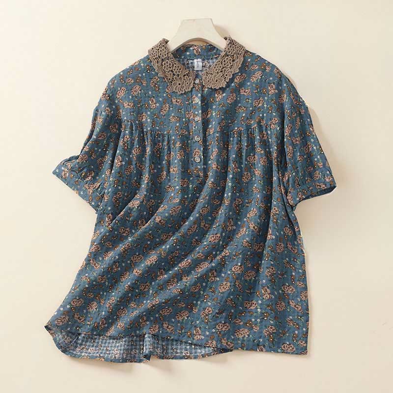 Buddha Stones Front Button Design Floral Print Pattern Women's Cotton Half Sleeve Shirt